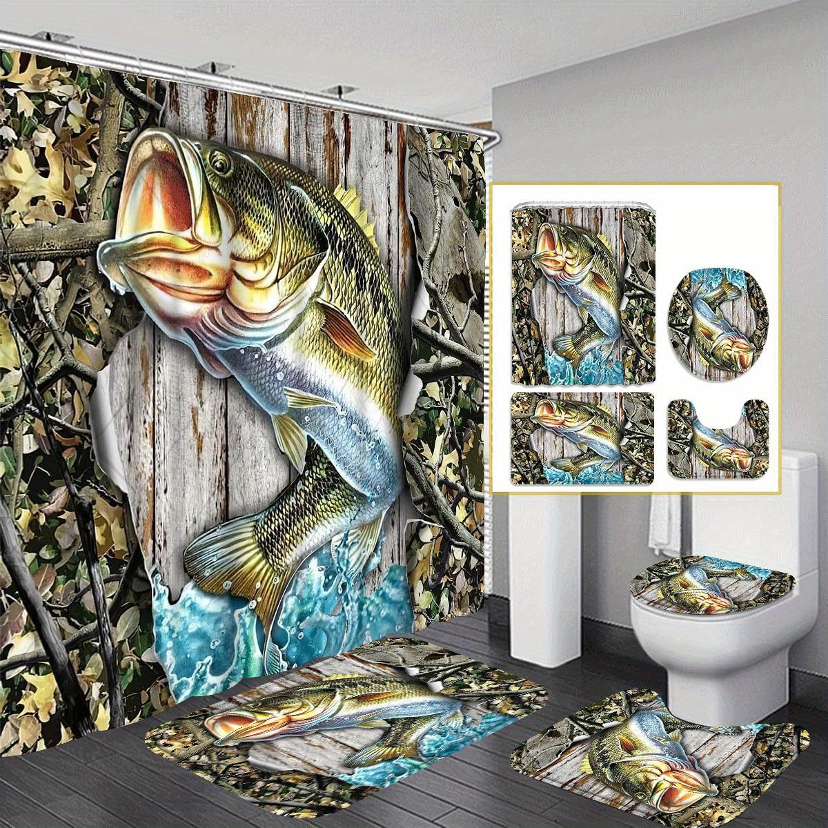 

1 Set Fishing-themed Bathroom Decor, 1/4pcs Polyester Shower Curtain With Non-slip Rug, U-shaped Toilet Mat, Toilet Seat Cover, Water-resistant, Machine Washable, Includes 12 Hooks - For Home Decor