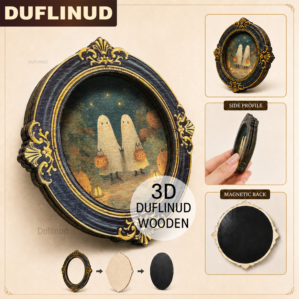 TEMU 1pc Duflinud 1pc Suitable For Halloween Fridge Magnet - Vintage Wood Double-layer Round & Jack-o'-lantern Decor With Picture Frame, Mini Kitchen