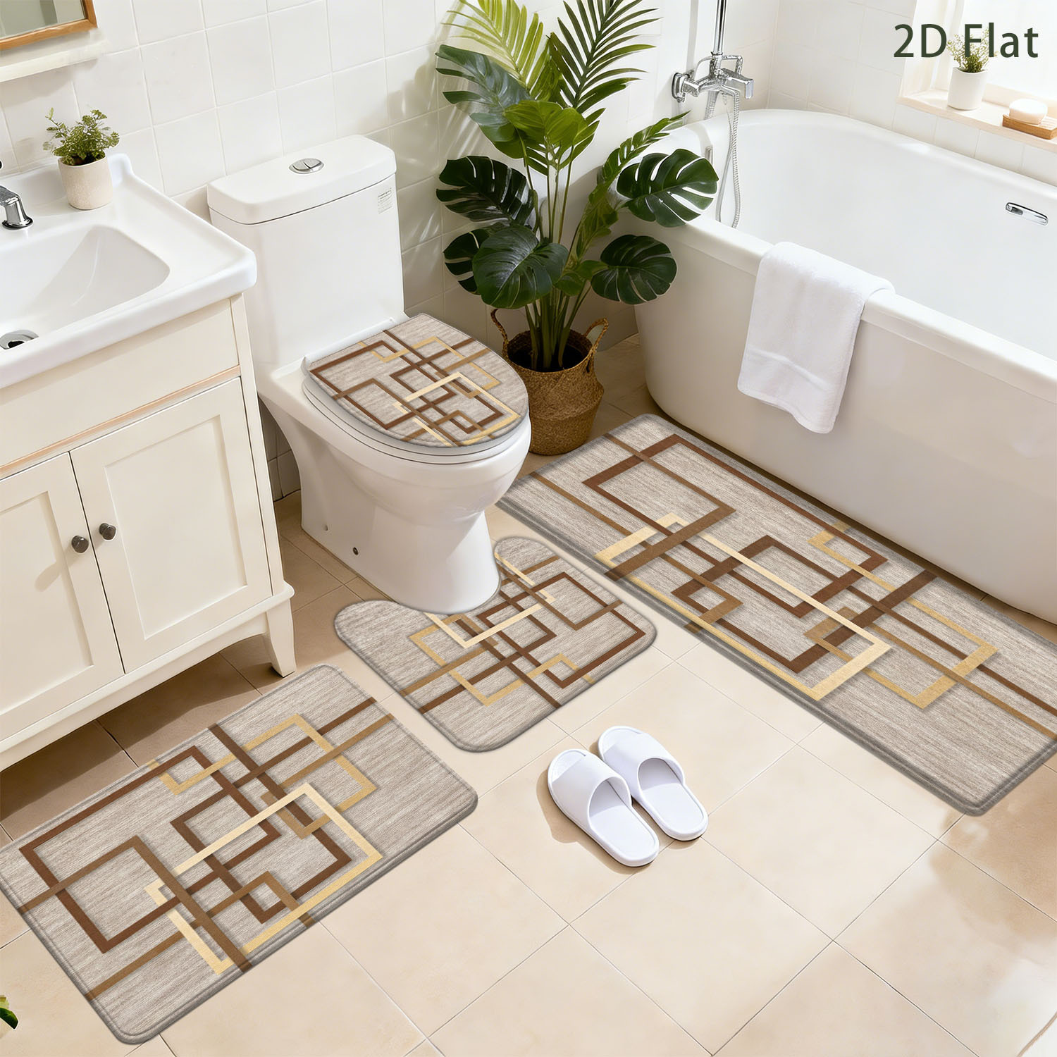 TEMU Ensemble de 3/4 tapis de bain antidérapants plats 2D, tapis de sol à cadre carré , tapis absorbant d'entrée de salle de douche pour décoration