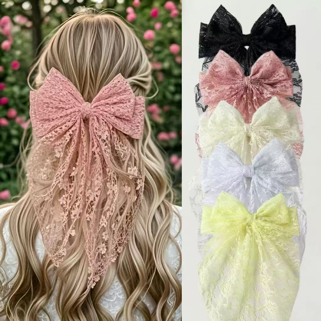 TEMU 5pcs Elegant Floral Lace Large Bow Hair Clips With Long Tails For Women, Sheer Vintage Hair Barrettes, Coquette Cottage Core Fairy Core Hair