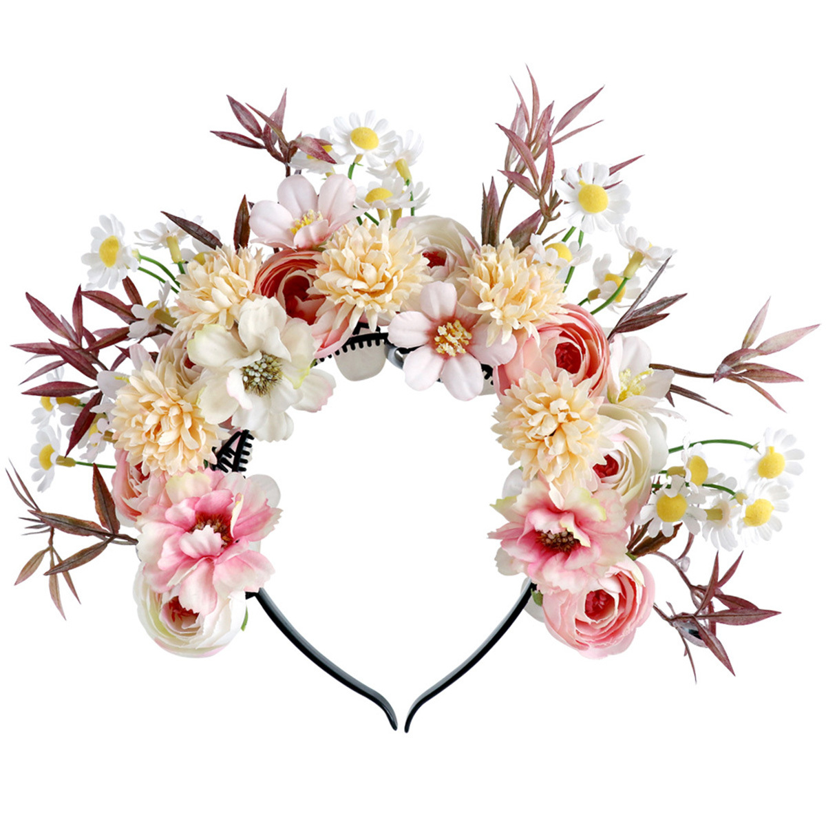 

1pc Elegant Floral Hair Hoop With Pink & Peach Roses, White Daisies & Green Foliage - Plastic Flower Headband For Weddings, Valentine's, Day, Graduations & Father's Day , Wedding Hair Accessories