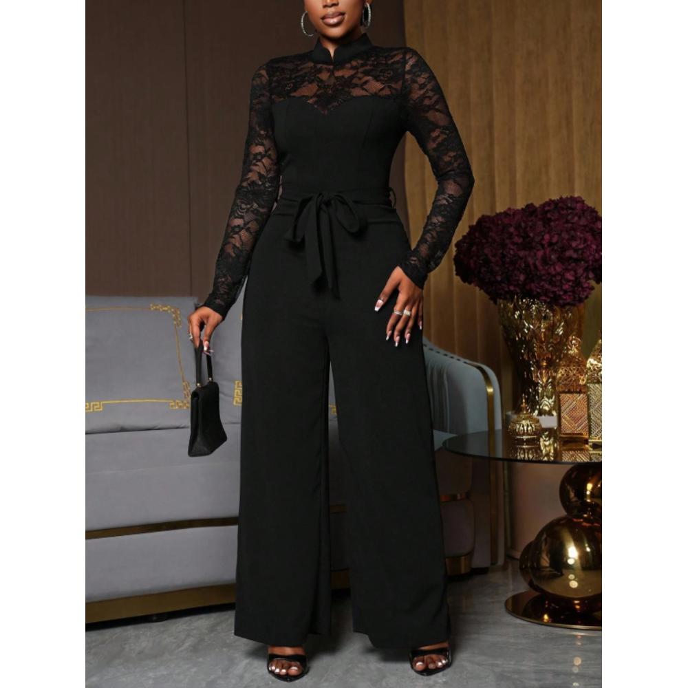 TEMU Chic Mock Neck Black Lace Jumpsuit With Belt - Long Sleeve, Sheer Lace Top, Wide Leg, Perfect For Cocktail & Dinner, Formal To Semi - Formal Wear, Jumpsuit Mock Neck Jumpsuit Lace Detail