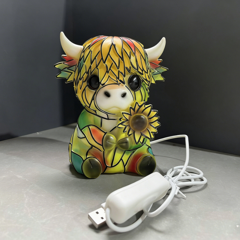 TEMU Cute Scottish Highland Cow Sunflower Night Light, Warm- And Whimsical Style, Desktop Lamp, Suitable For Home Decoration, Illuminated Cow Statue,