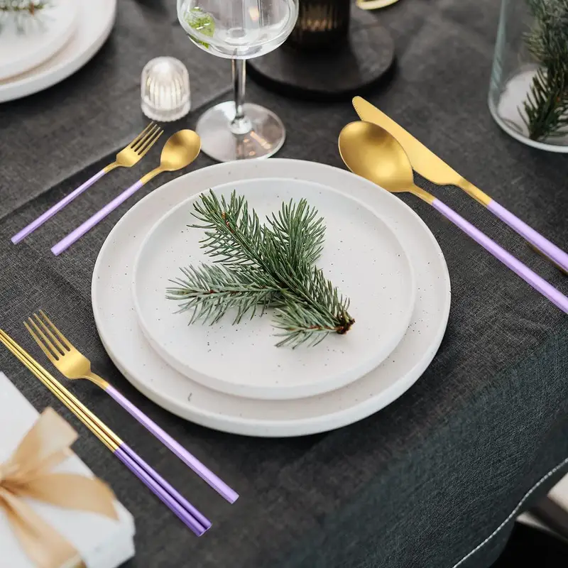 8pcs stainless steel flatware set portable reusable cutlery set travel utensils set including chopsticks knife straws cleaning brush dishwasher safe b purple golden Product details 3