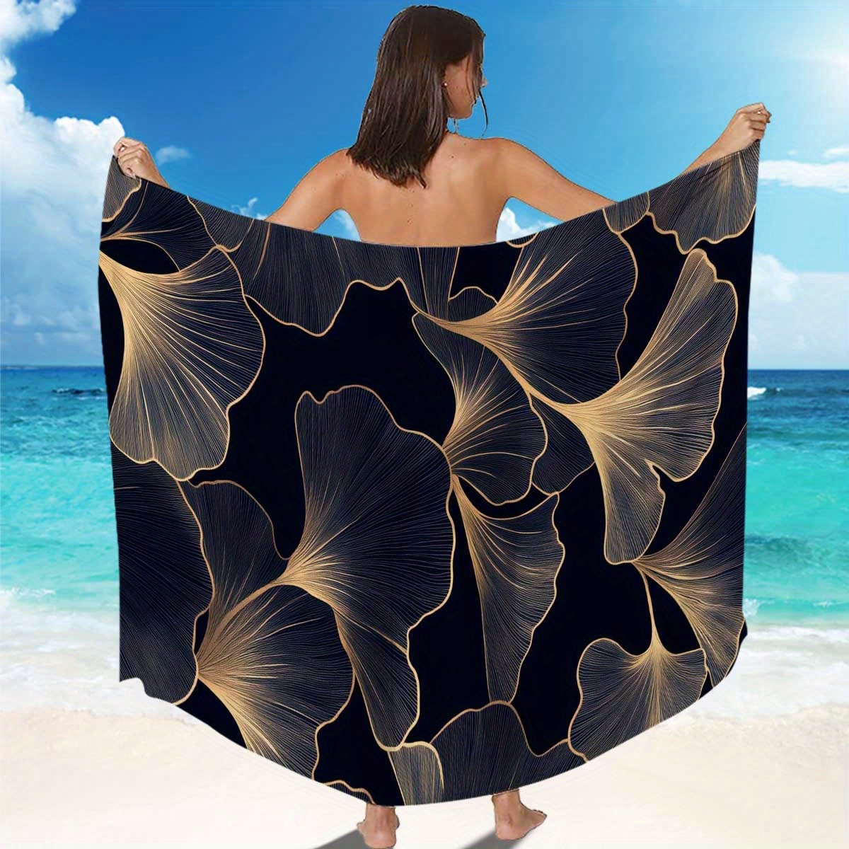 [Open] 1* Leaf Series Patterned Beach Sarong Smock, Decorated Beach Towel  Beach Skirt, Translucent Elegant * Beach Bag Skirt, Women'S Swimming Wear