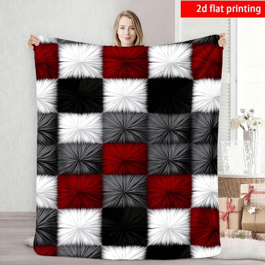 TEMU 2d Flat Printing, 1pc, Plaid Flannel Blanket With Red, White, Black, And Gray Checkered Pattern, Single-sided Print, Suitable For Use As A Sofa