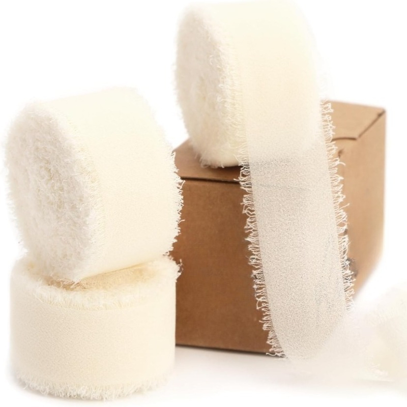 3 Rolls Of Cream , 1.5 Inches Wide, Total Length, Handmade Fringe Chiffon Ribbon For Wedding Invitation Wrapping, Bridal Bouquets, Diy Crafts, Home Decor