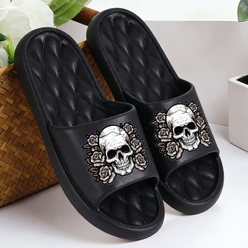TEMU 1 Pair Skulls And Roses Printed Beach Flip-flops, Plus-size Lounge Slippers, Gym Slippers, And Multi-functional Slippers Suitable For Indoor And