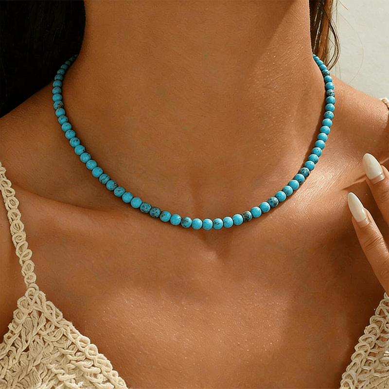 E-shop Sommerliche, vielseitige Halskette mit runden Perlen aus synthetischem Türkis, Choker mit unregelmäßigem Perlenmuster für Strandurlaub-,
