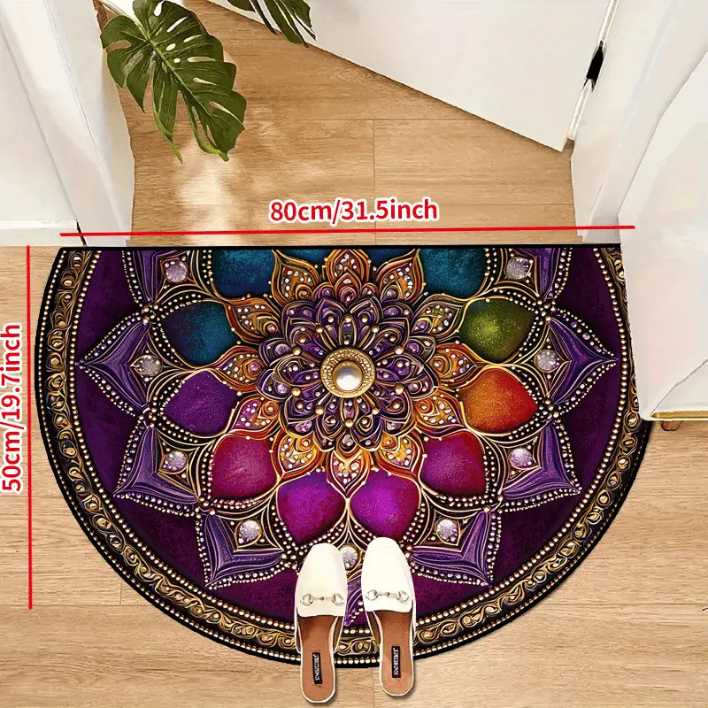 TEMU 1pc High-quality, Comfortable And Lightweight Semi-circular Floor Mat- -purple Mandala Pattern Door Mat, Golden/ Green- Washable Indoor And