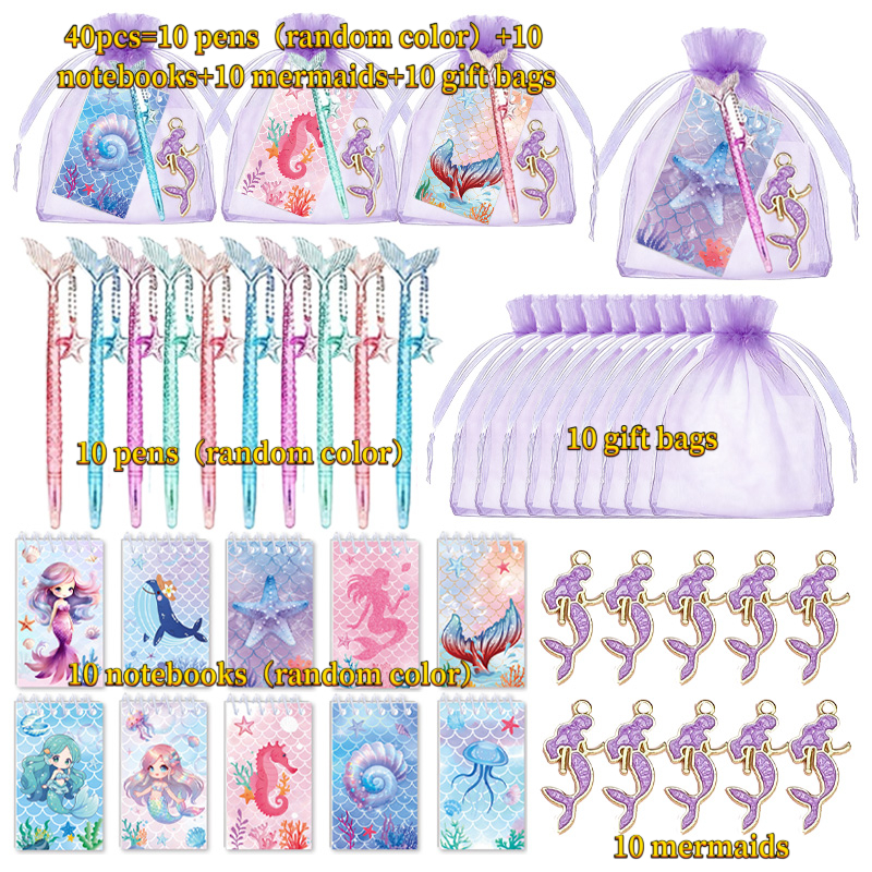 TEMU Cadeau pour elle/lui, 40 pièces de fournitures de fête sur le thème de l'océan comprenant 10 stylos sirène, 10 mini-carnets spirale sirène, 10
