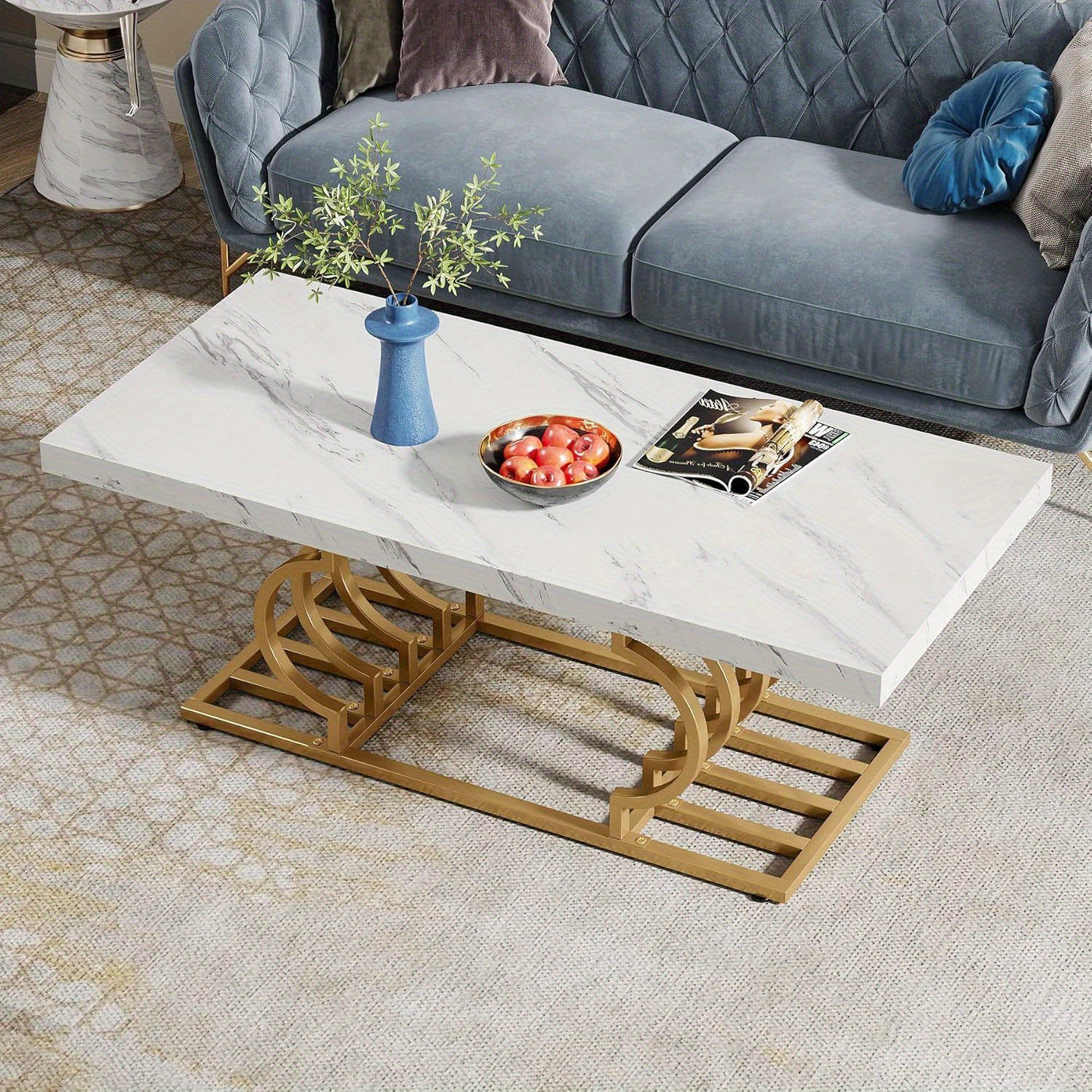 Dining Table, Modern Coffee Table, 120 X 50cm Marble Cocktail Table With Geometric Frame, Rectangular Center Table Tea Table Accent Furniture For Living Room, Simple Assembly, White & Golden