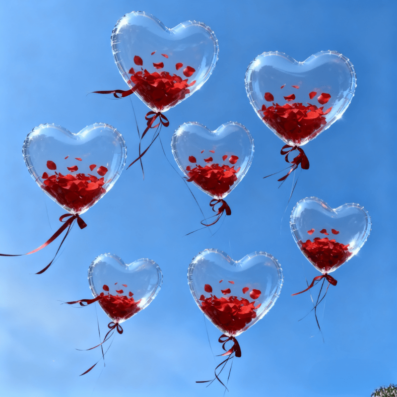 506pcs Transparent Heart-Shaped Pom Pom Petal Combination Set, 500 Petals + 5 Pom Poms + 1 Ribbon. Ideal for Valentine's Day, Weddings, Birthdays, Proposals, Anniversaries, Mother's Day Romantic Decorations, and Special Evening Parties