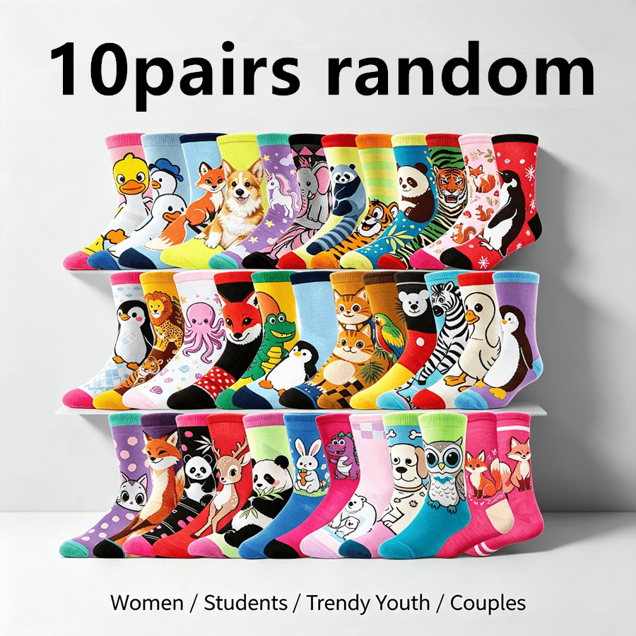 TEMU 10 de Calcetines Media Caña con Estampado de Animales de Dibujos Animados para , Ideales para Jóvenes, , Moda Juvenil, , Combinación Casual,