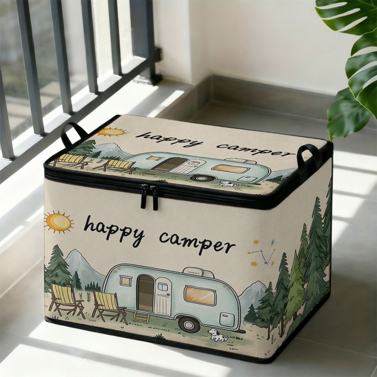 TEMU 1pc Large Capacity Storage Box - Featuring Forest Camping Rv Scenery Pattern, Durable Zipper Design, Suitable For Office Storage, Living Room
