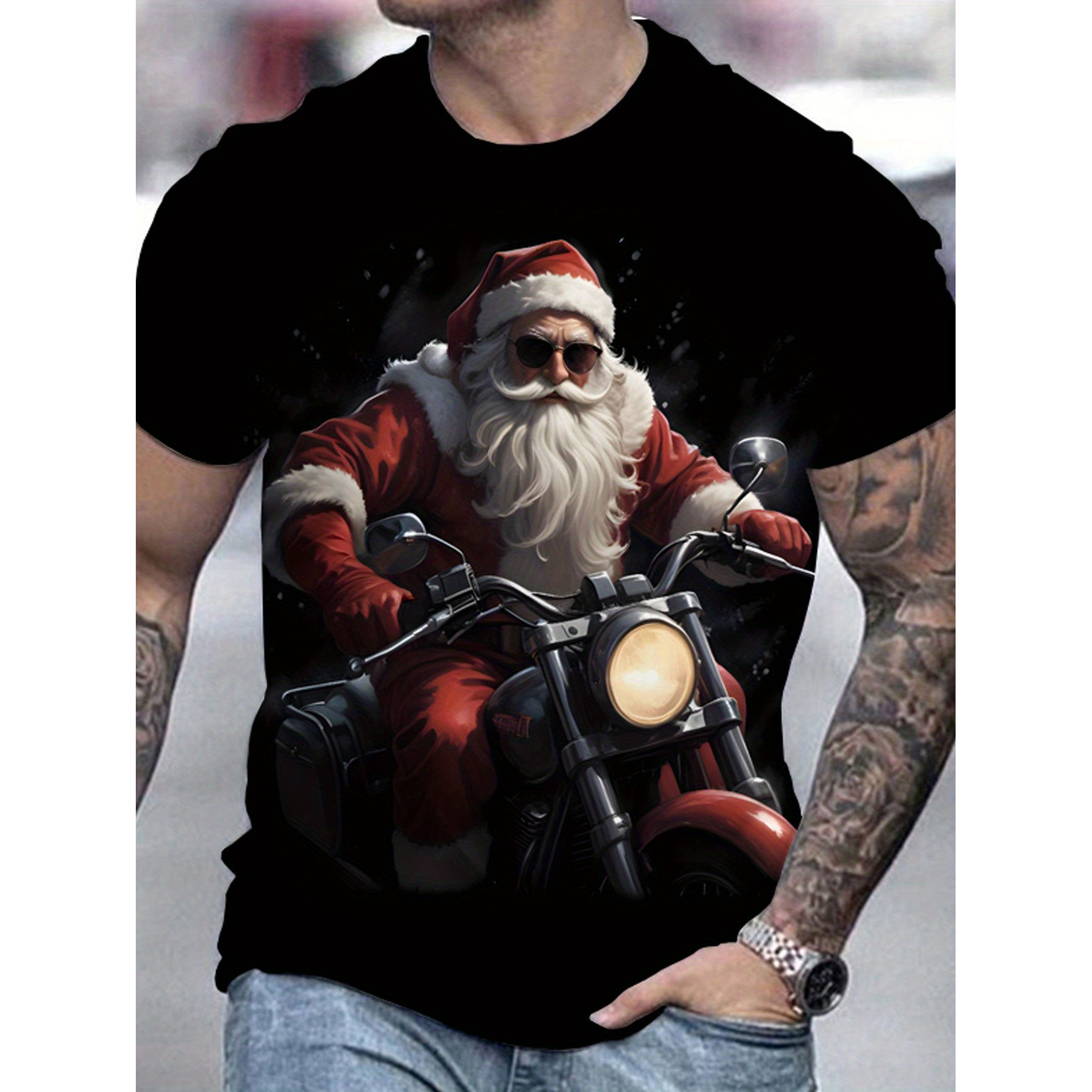 

1pc Men's 3d Santa Claus Motorcycle Print T-shirt - Casual Round Neck, 100% Cotton, Non-stretch Fabric, Comfortable Tee For Adults