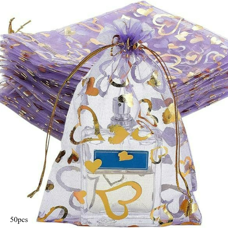 E-shop 50 Stück Mesh-, Multi-Größen Lila Transparente Herzförmige Geschenktüten mit Aufdruck, Schmuckbeutel, Kordelzugbeutel, Hochzeitsgeschenktüten,