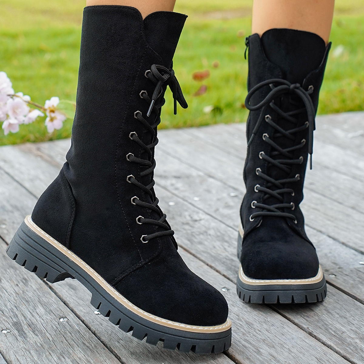 TEMU Women's Mid-calf Boots - Front Lace- Zipper Mid-calf Boots, Wavy V-shaped Top Thick Sole Round Toe Solid Straight Boots, Women Shoes