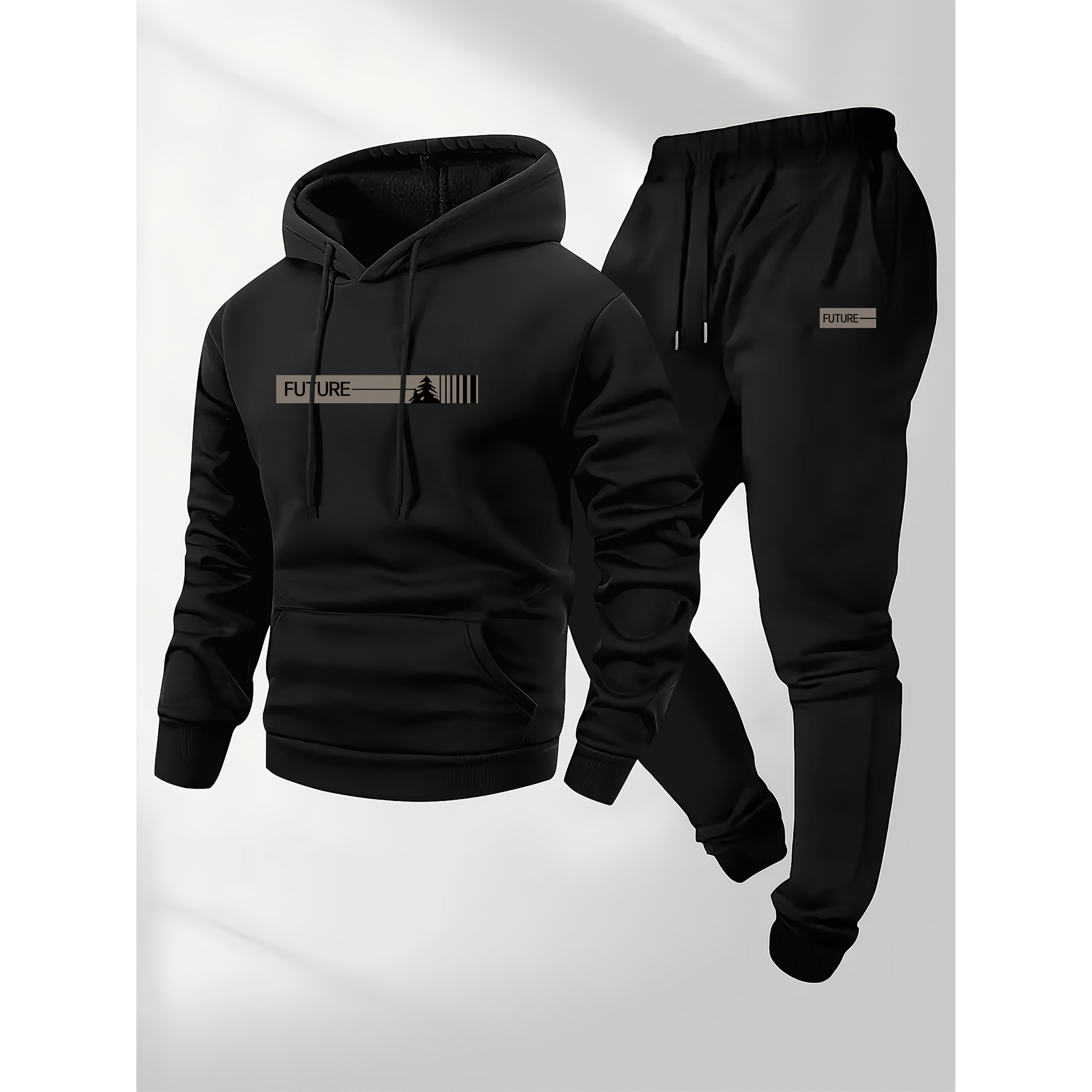 Resim Erkekler için İki Parça Takım, Günlük Yuvarlak Yaka Uzun Kollu Kapüşonlu Sweatshirt ve Jogger Altı Sonbahar & Kış Giyimi 
