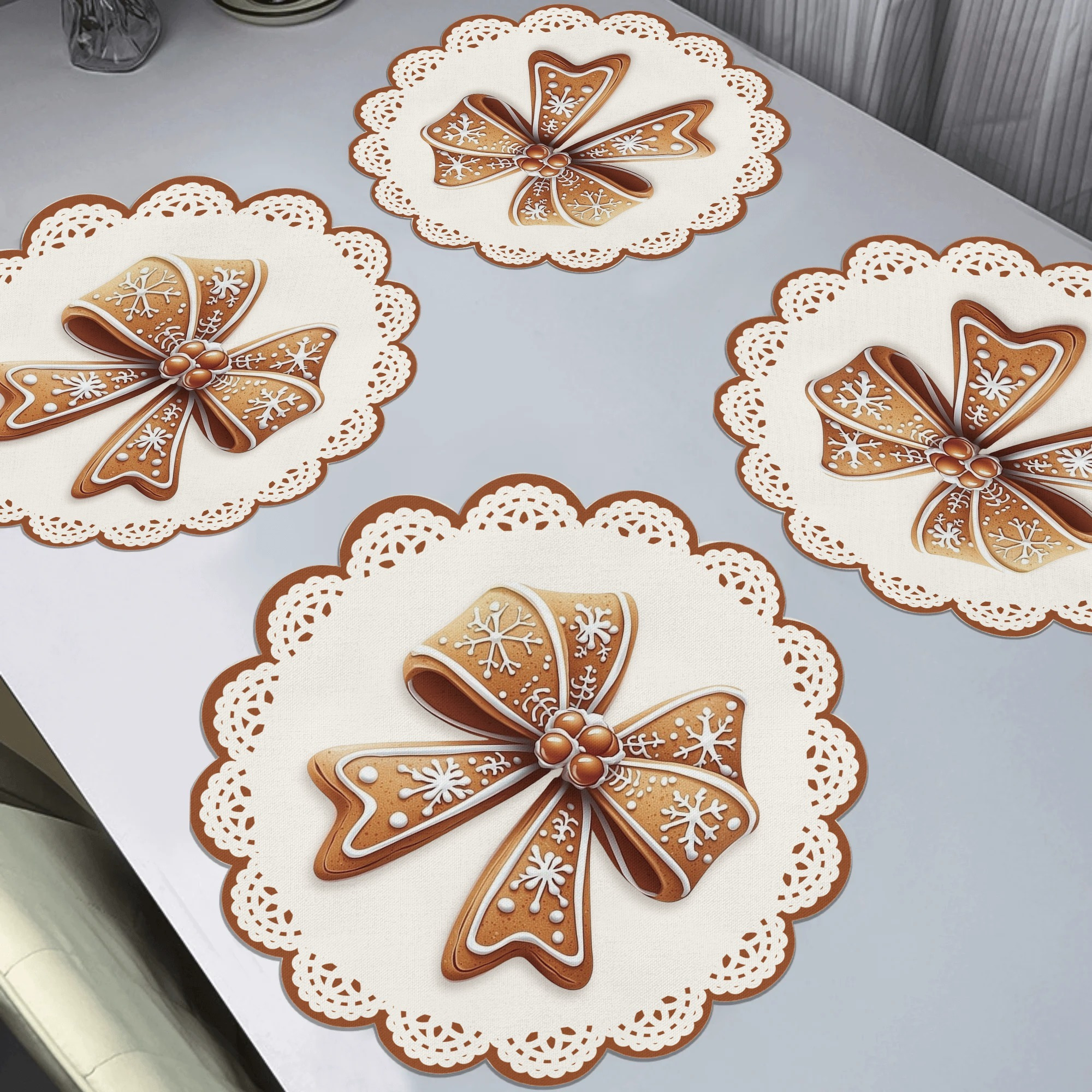 

4pcs Gingerbread Style Winter Bowknot Lace Pattern Round Placemats, 15" Non-slip Knit Fabric Table Mats, Heat Resistant, Only, Dining & Party Decor