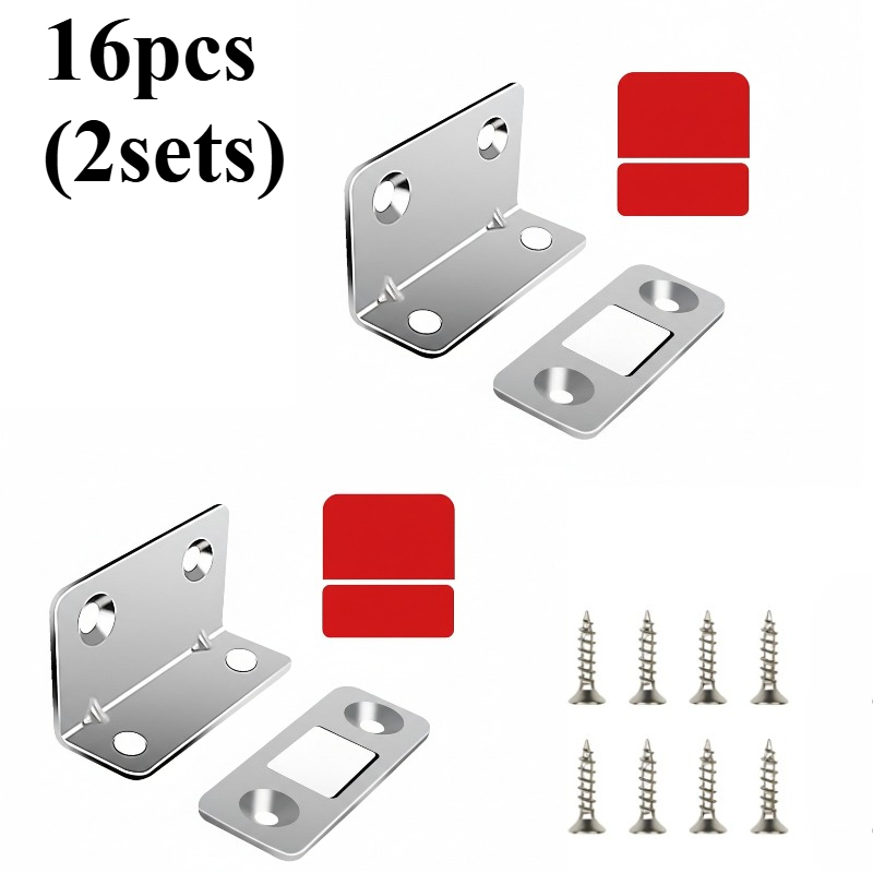 E-shop 16 Magnetische Türschnappen aus Legierung | Inklusive 8 Schrauben, 4 Klebepflaster und 4 magnetische Metallplatten - Unsichtbarer, starker