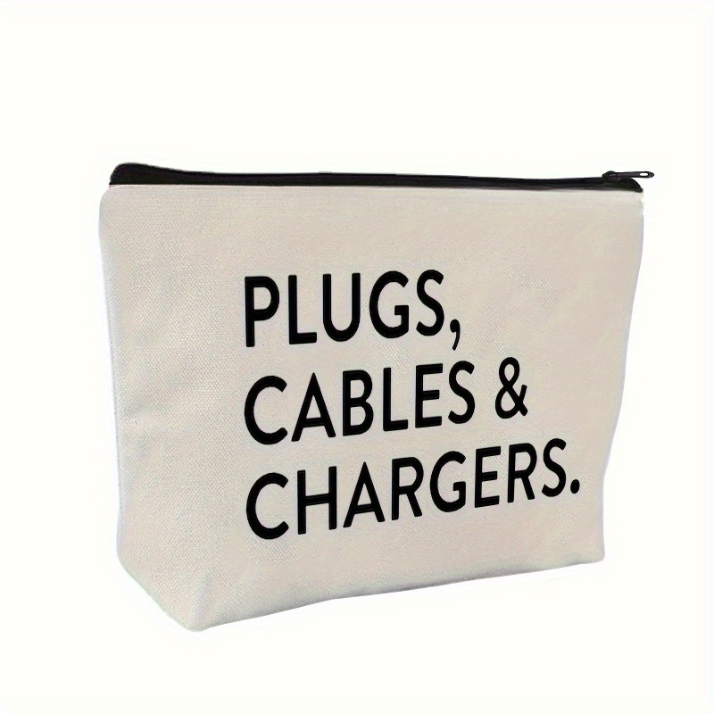 TEMU Organisatörpåse för Laddare & Kablar med "PLUGS CABLES & CHARGERS" Tryck - Hållbar Tygförvaringsväska för Elektroniktillbehör, - och