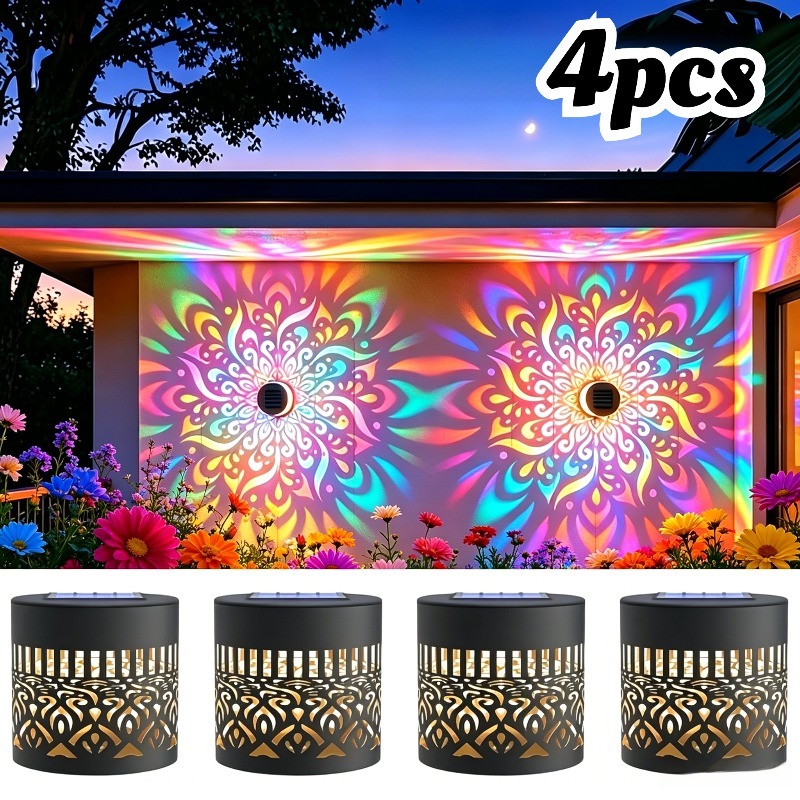 TEMU 4pcs Set Of Solar Wall Lamps, For Outdoor Use, Color-changing Mysterious Mandala Plastic Hollow Wall Lamps, Suitable For Walls, Farmhouses, ,