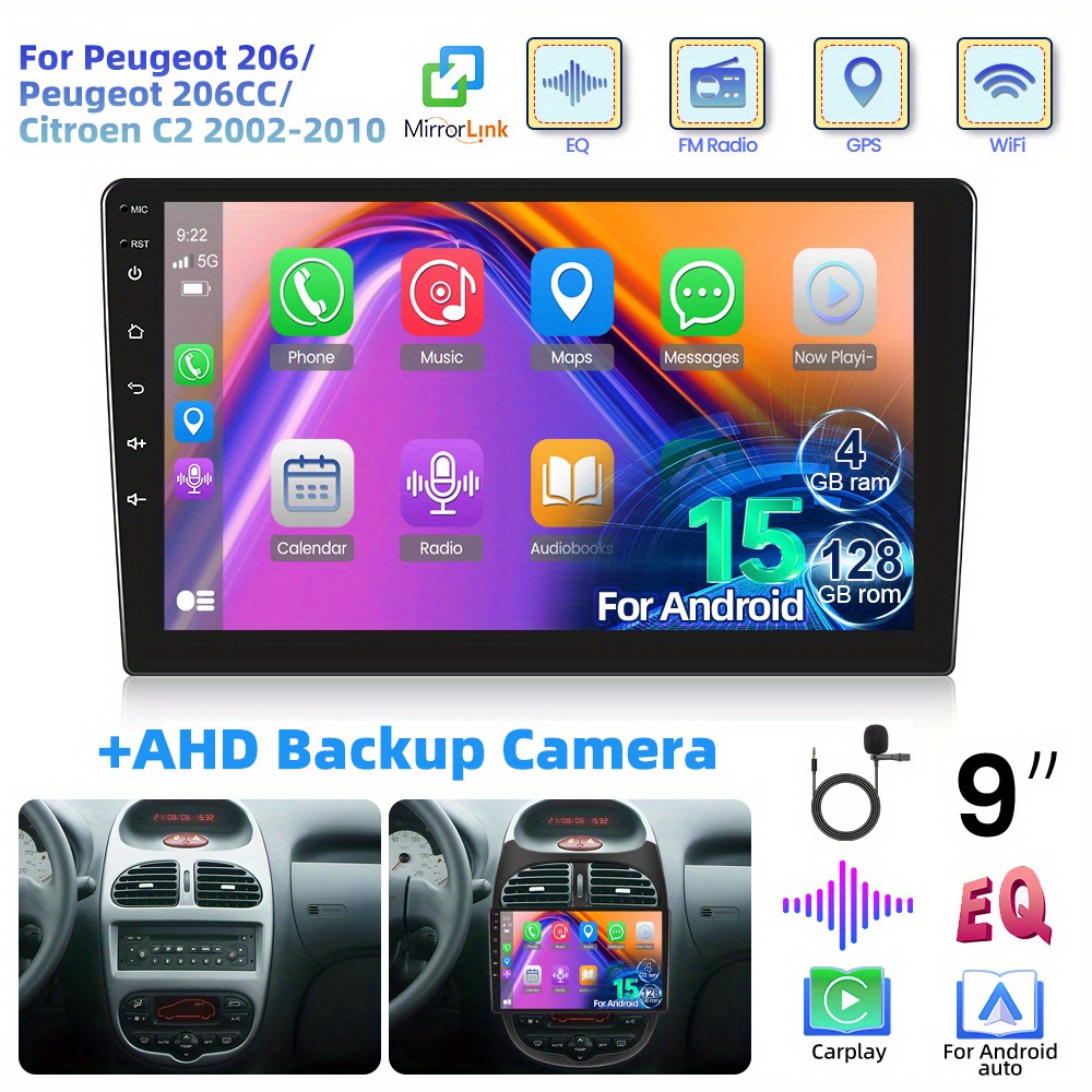 4+128g For 15 Car Radio For / For Peugeot 206cc/ C2 2002-2010 With For Auto, 9" 2 Din Screen Touchscreen Car Radio With Gps Navigation, Wifi, Swc, Eq, Fm/ Rds Radio, , Usb, Voice Control +