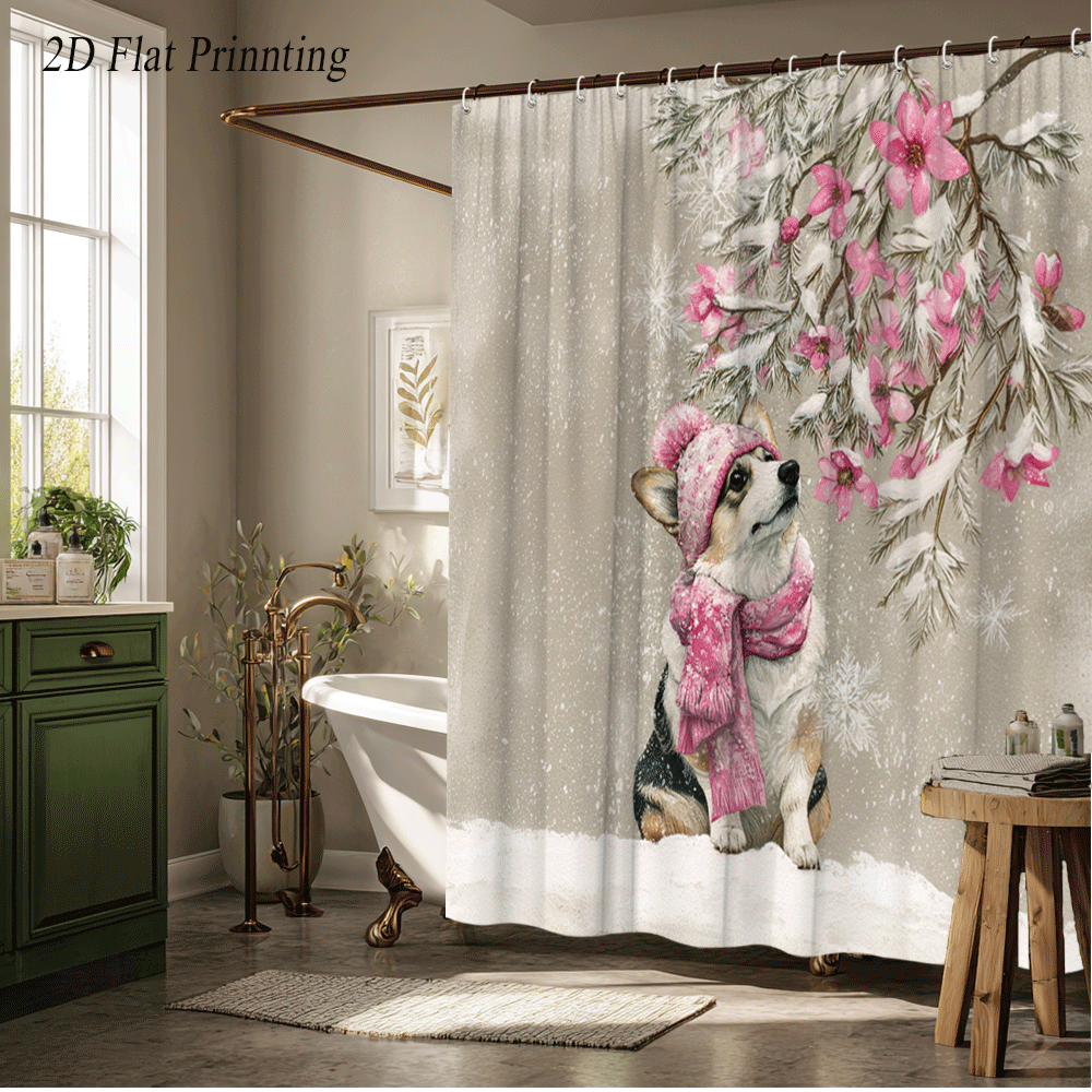 1pc winter corgi dog shower curtain cute corgi in pink hat with flowers snowflakes bath curtain suitable for bathtub washable care year round bathroom decor with 12 hooks 70 8x70 8 inch 2d flat