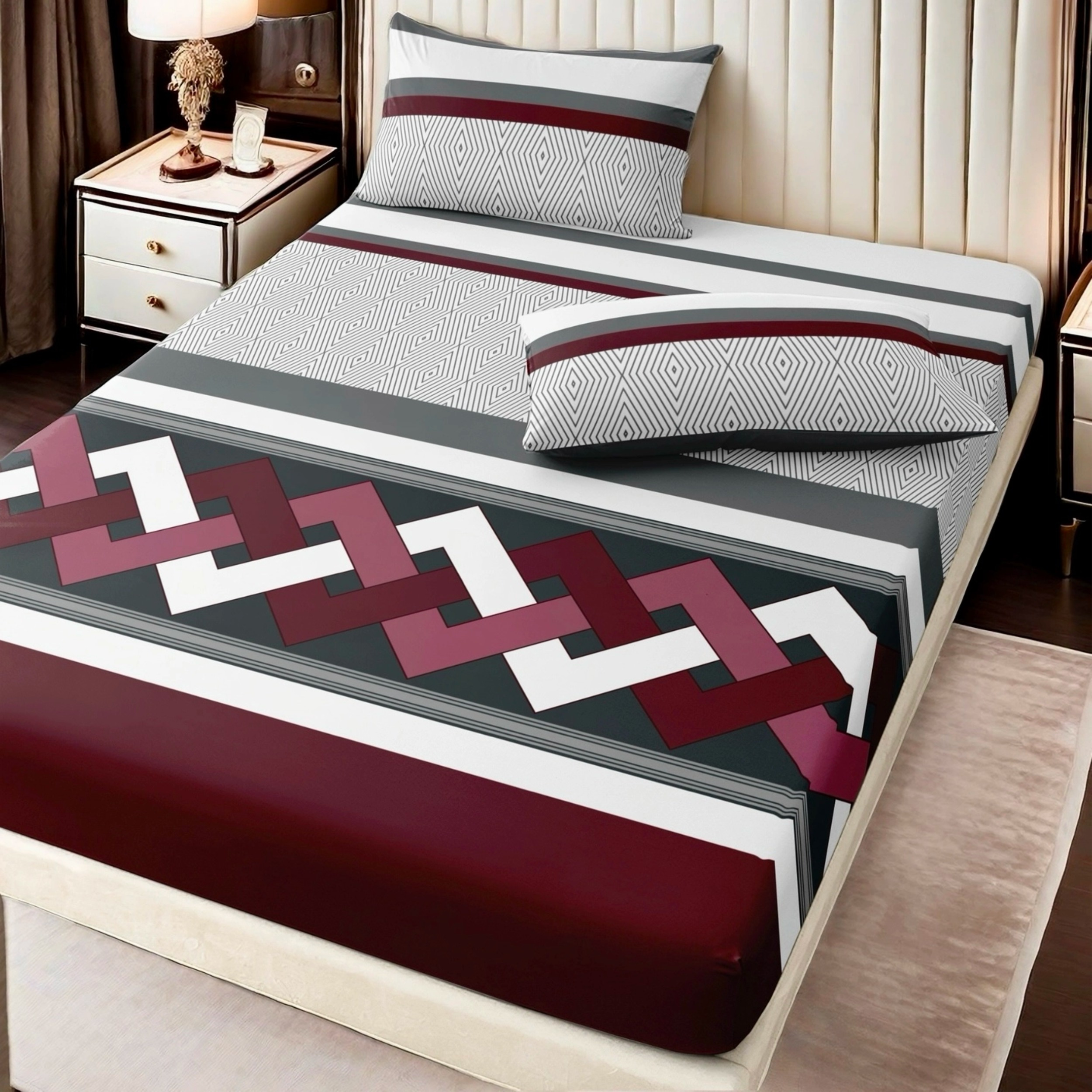 TEMU 3pcs Set: Gray-red Diamond Line Pattern, Classic And Geometric Style Bed Sheet And Pillowcases, Bedding | 2 Pillowcases   1 Fitted Sheet |