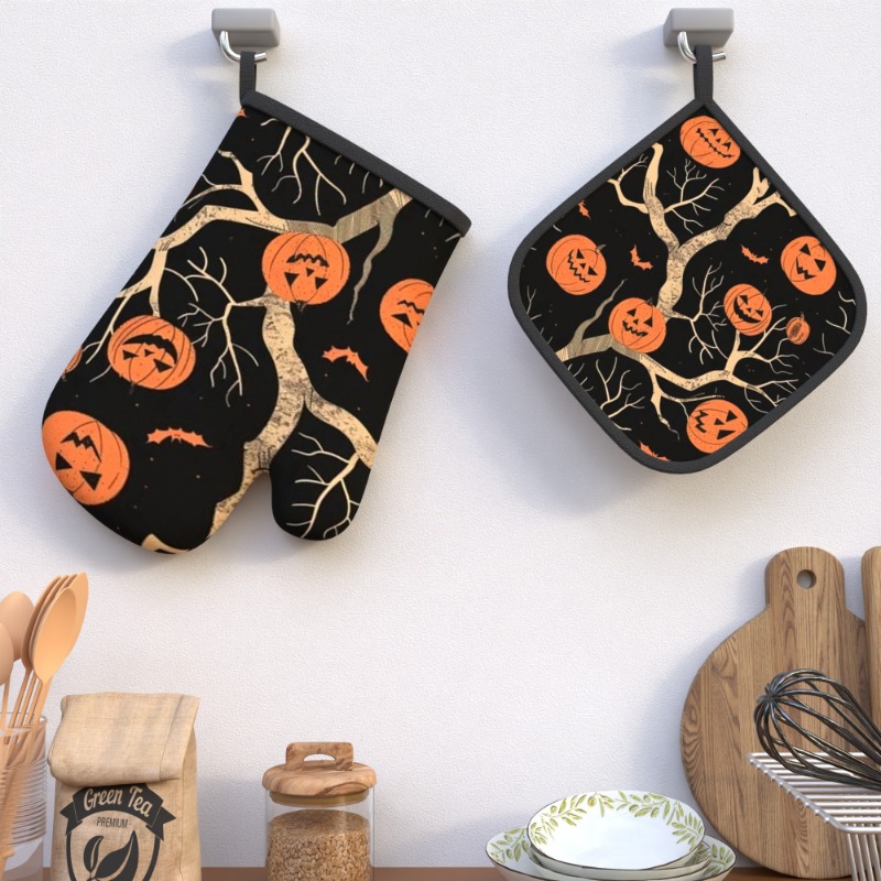 TEMU 2pcs Oven Mitts, Measuring 10..7 Inches, Featuring Pumpkin Vine Design, Perfect For Halloween. Heat-resistant Mitts And Baking Sheet Holders Are