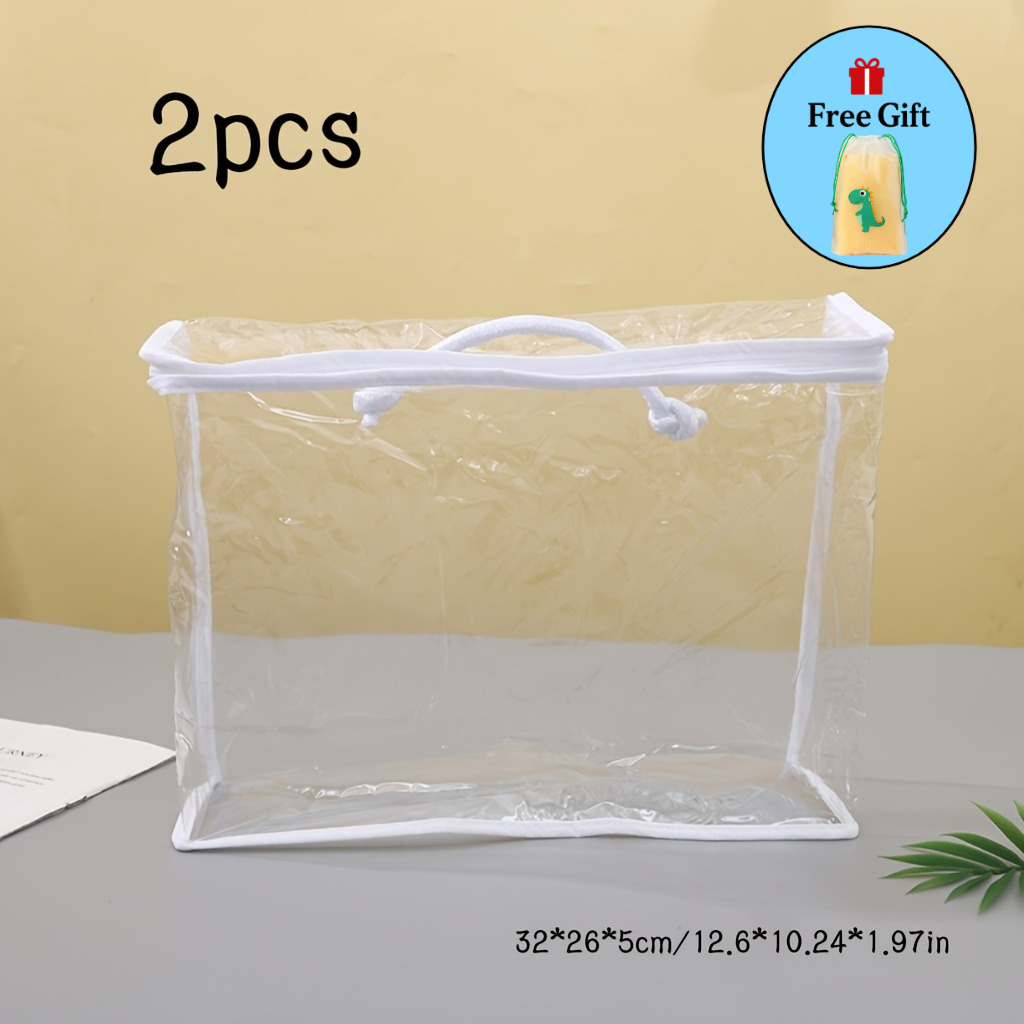 TEMU 2pcs Transparent Pvc Storage Bags + 1 Free Cute Dragon Drawstring Bag With Zipper And Handle, Suitable For Blankets, Pillows, Wardrobe And