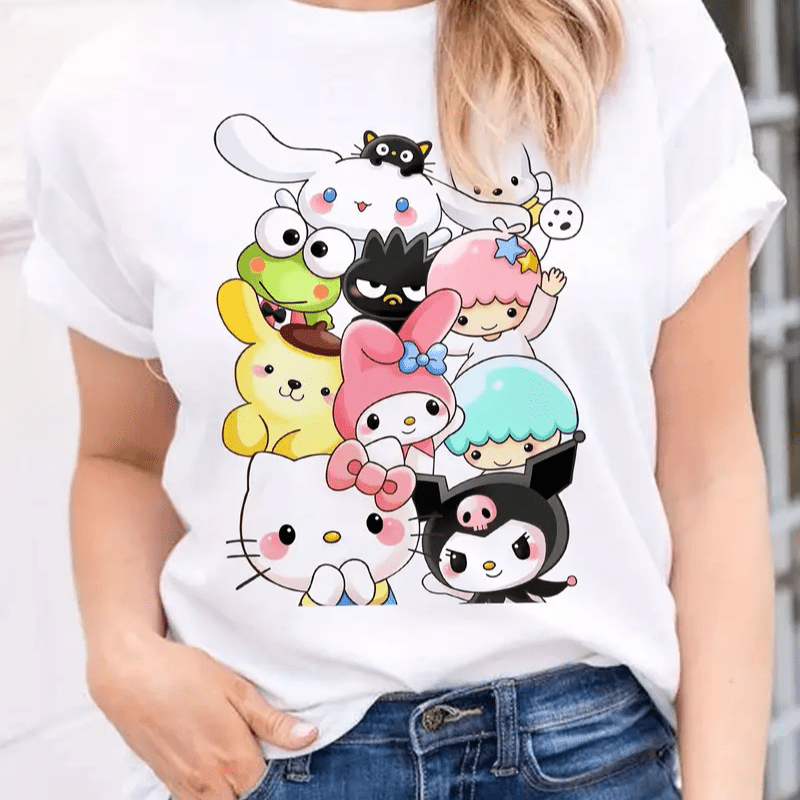 

Graphic Tee| Sanrio Women's Graphic Tee - Cartoon Animal Print, Short Sleeve Crew Neck, Soft & Stretchy Polyester , Machine Washable - Ideal Casual Top For