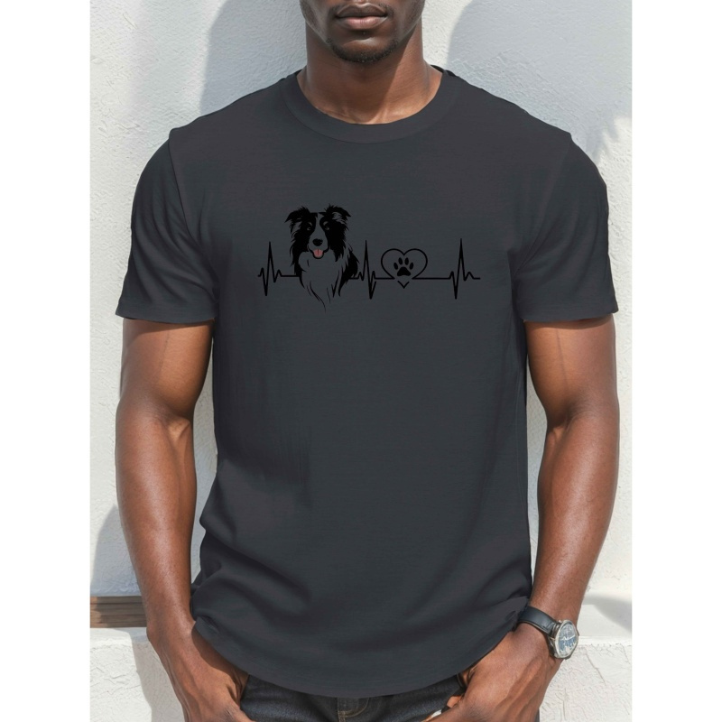 

1 t-shirt décontracté à col rond pour homme, imprimé de battements de cœur de , tissu en de polyester légèrement extensible, t-shirt à manches courtes à motif géométrique pour l'été.