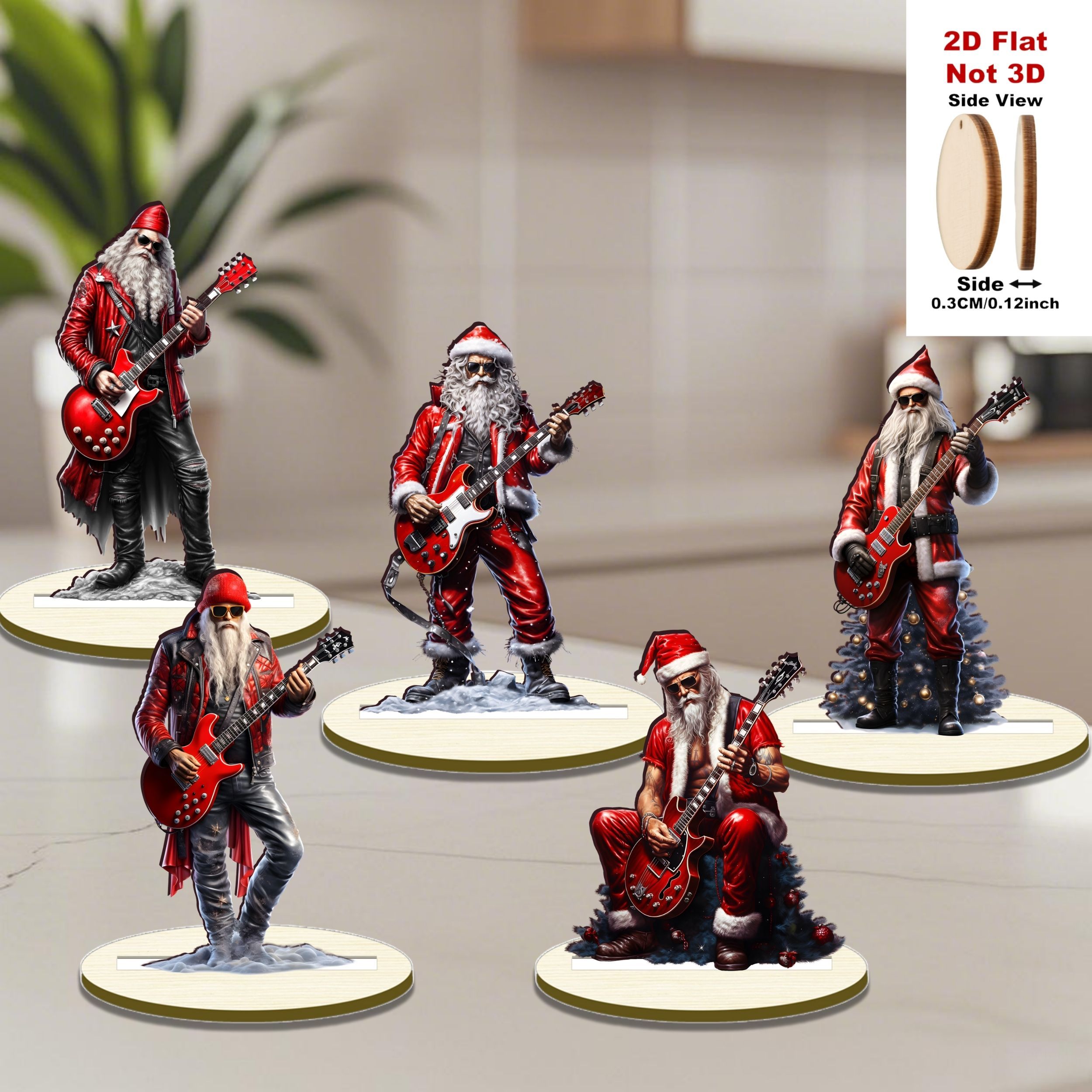 TEMU 2d Flat, 5pcs Guitar-playing Santa Claus Desktop Christmas Decor - Handcarved Wooden Tabletop Figurines For Office, Mantel & Festive Home ,