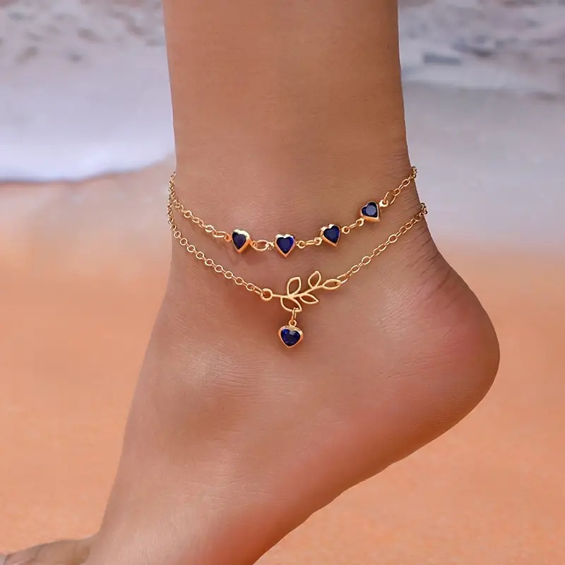 TEMU 1 Elegant Double-layer Heart Pendant Ankle Chain Golden Fashionable Women's Ankle Chain Jewelry Suitable For Beach Vacation Daily Jewelry Of And