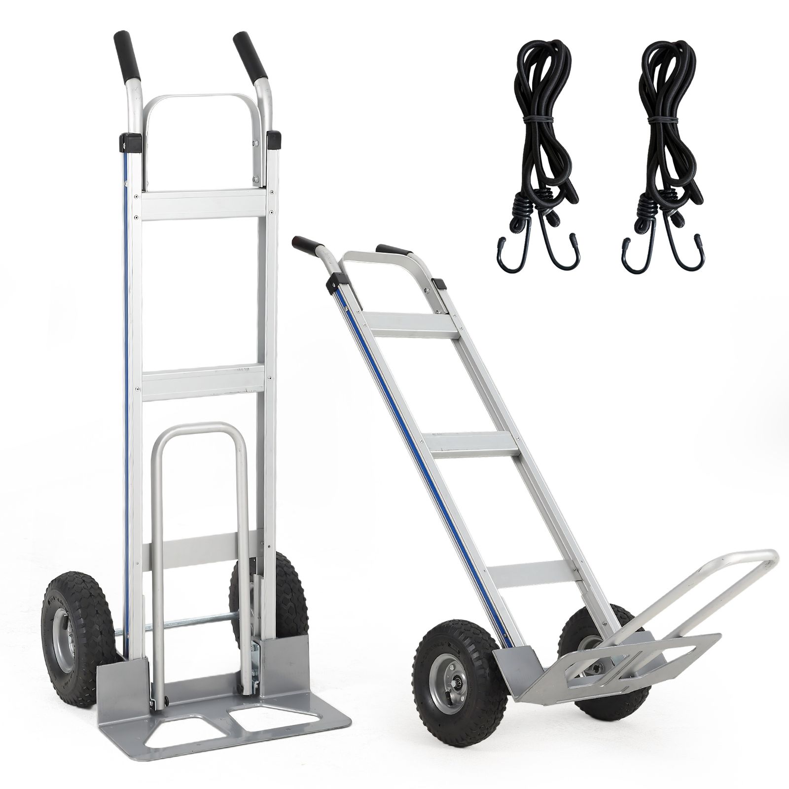 Image of 600 Lbs Capacity Aluminum Hand Truck | Collapsible Platform With Extendable Base & 10" Pneumatic Wheels, 2 Elastic Cords For Home, Warehouse & Supermarket - Pioneerworks