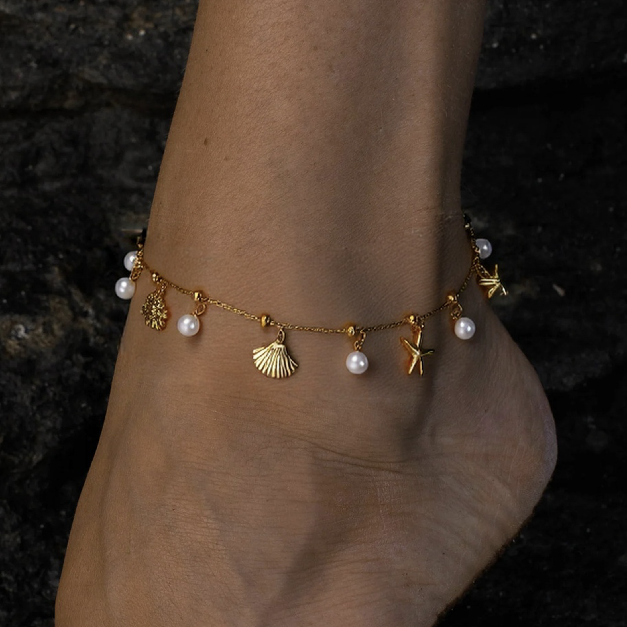 Image of Sea Ocean Theme Anklet Women Stainless Steel Golden Simulated Shell Starfish Crab Simulated Pearl Beach Fashion Accessory Gift