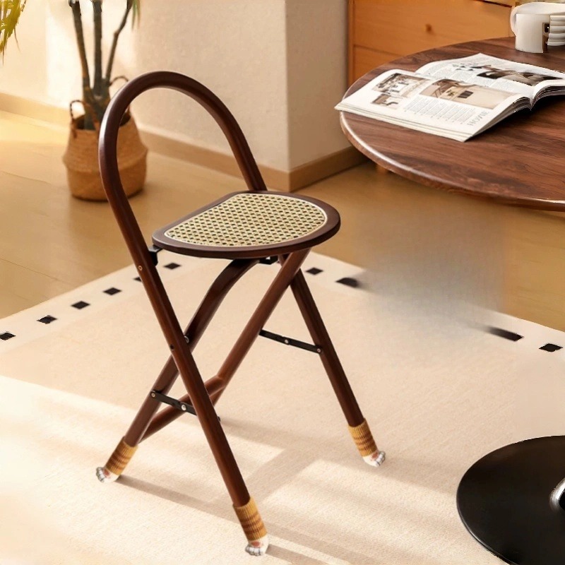 1pc, Bamboo Portable Rattan Folding Stool with Handle, Home Dining Chair, Vintage Style Leisure Chair, Space Saving - Perfect for Restaurant, Living Room, Kitchen, Bar, Dormitory