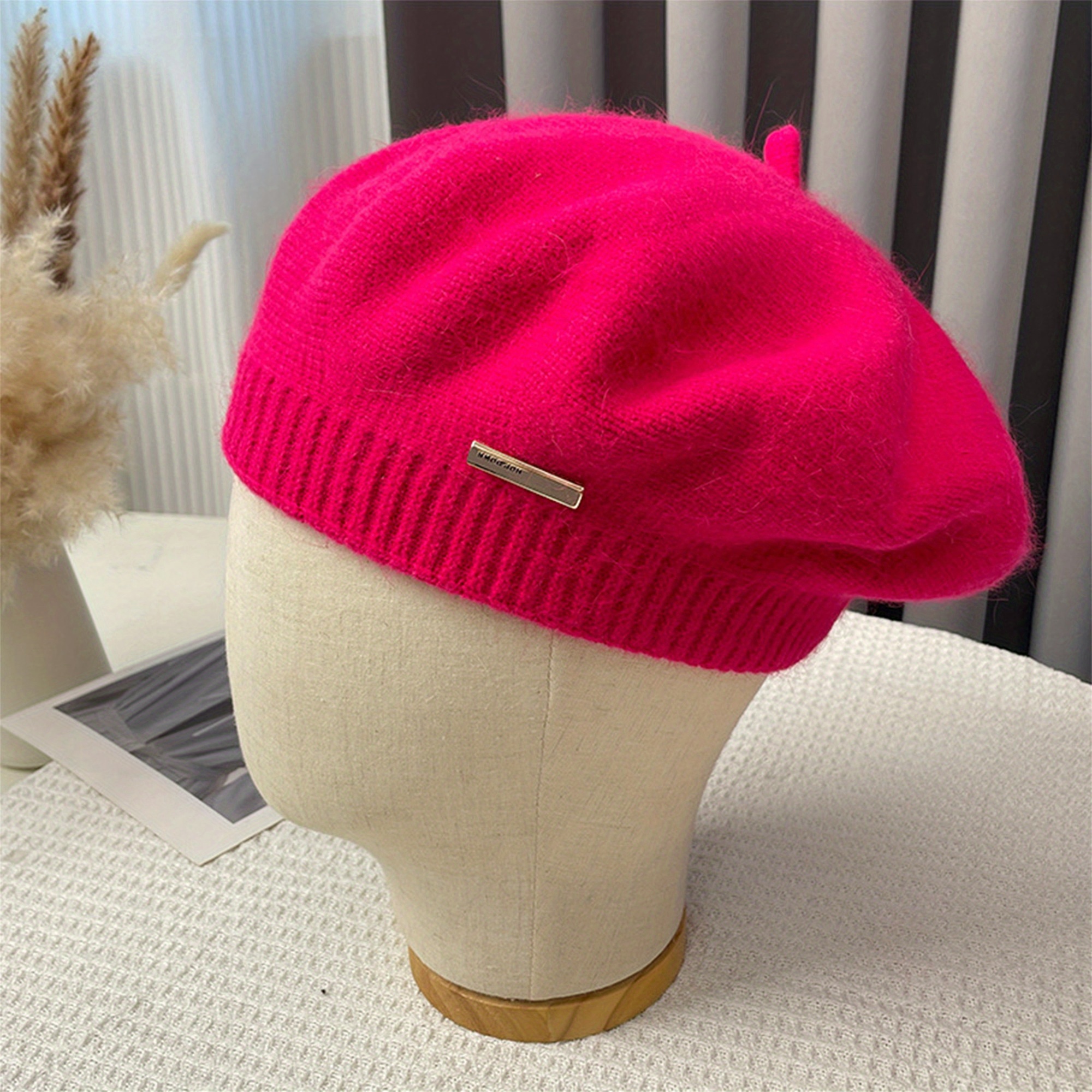 Neon Pink Stretchy Solid Beret Hat Wheebo French Beret Hat,Reversible Solid Color Cashmere  main image 3