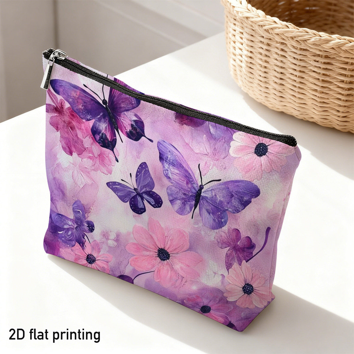 TEMU 2d Flat 1pc Watercolor Purple Pink Butterflies And Flowers Makeup Bag, Vibrant Floral Pattern, Ideal For Storing Daily Cosmetics, Traveling With