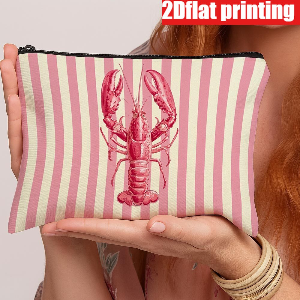 TEMU 2d Flat Printing 1pc Minimalist Lobster Print Makeup Bag - Pink White Zippered Toiletry Pouch, Suitable For Cosmetics, Travel Essentials, Pencil