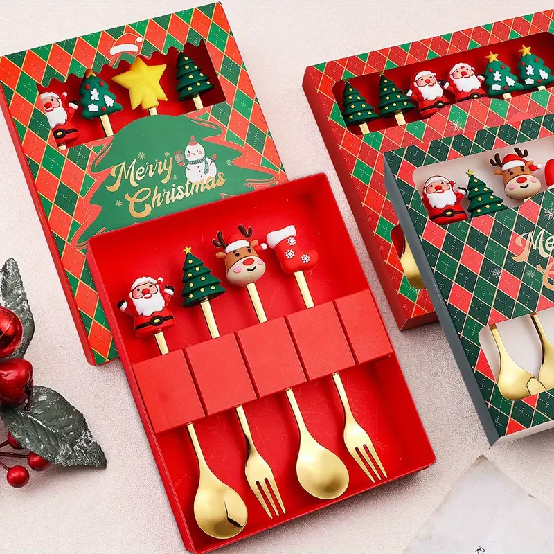 6pcs stainless steel holiday cutlery set with santa & snowman dessert spoons and forks - 410 grade rust-resistant christmas, halloween, thanksgiving & eid al-fitr gift box - festive tableware for family , parties, and seasonal decorations - durable kitchen & dining essentials Product details 0