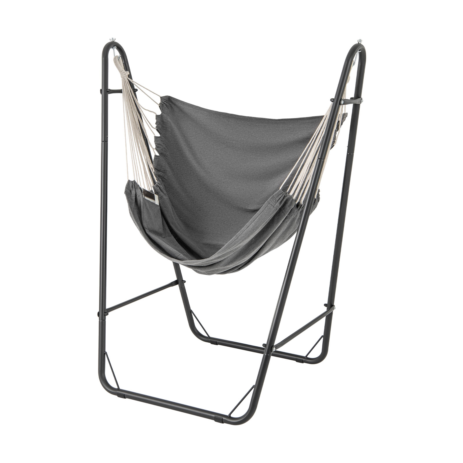 Image of Heavy-duty Hammock Chair W/ Stand, Swing Chair W/sturdy Metal Frame, Storage Pocket, Quality Fabric, No Beam Design, Indoor Outdoor Hanging Chair For Living Room, Patio, Yard, Black + Grey