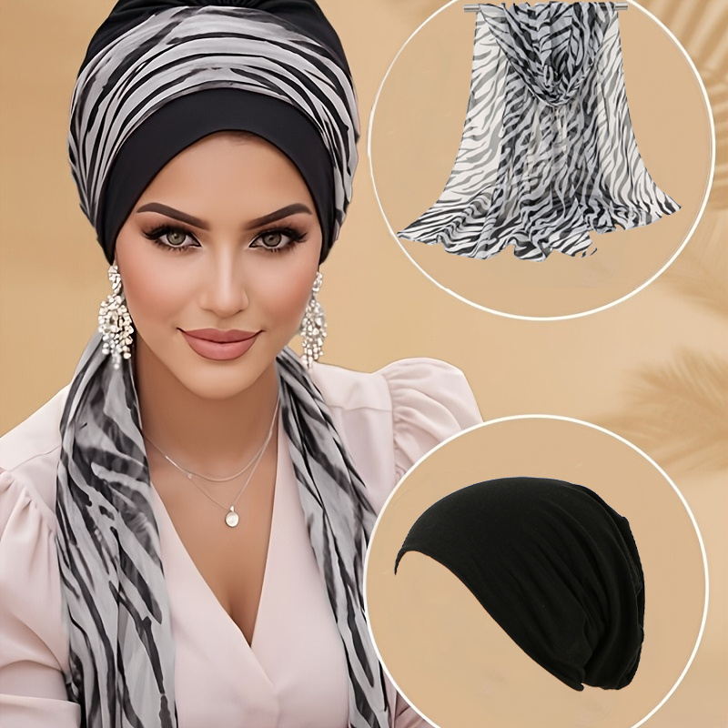 TEMU 2pcs Zebra Print Headscarf Set, Fashionable Long Printed Scarf With Solid-colored Lined Cap, Stylish Women's Fashion Headscarf, Daily Headscarf