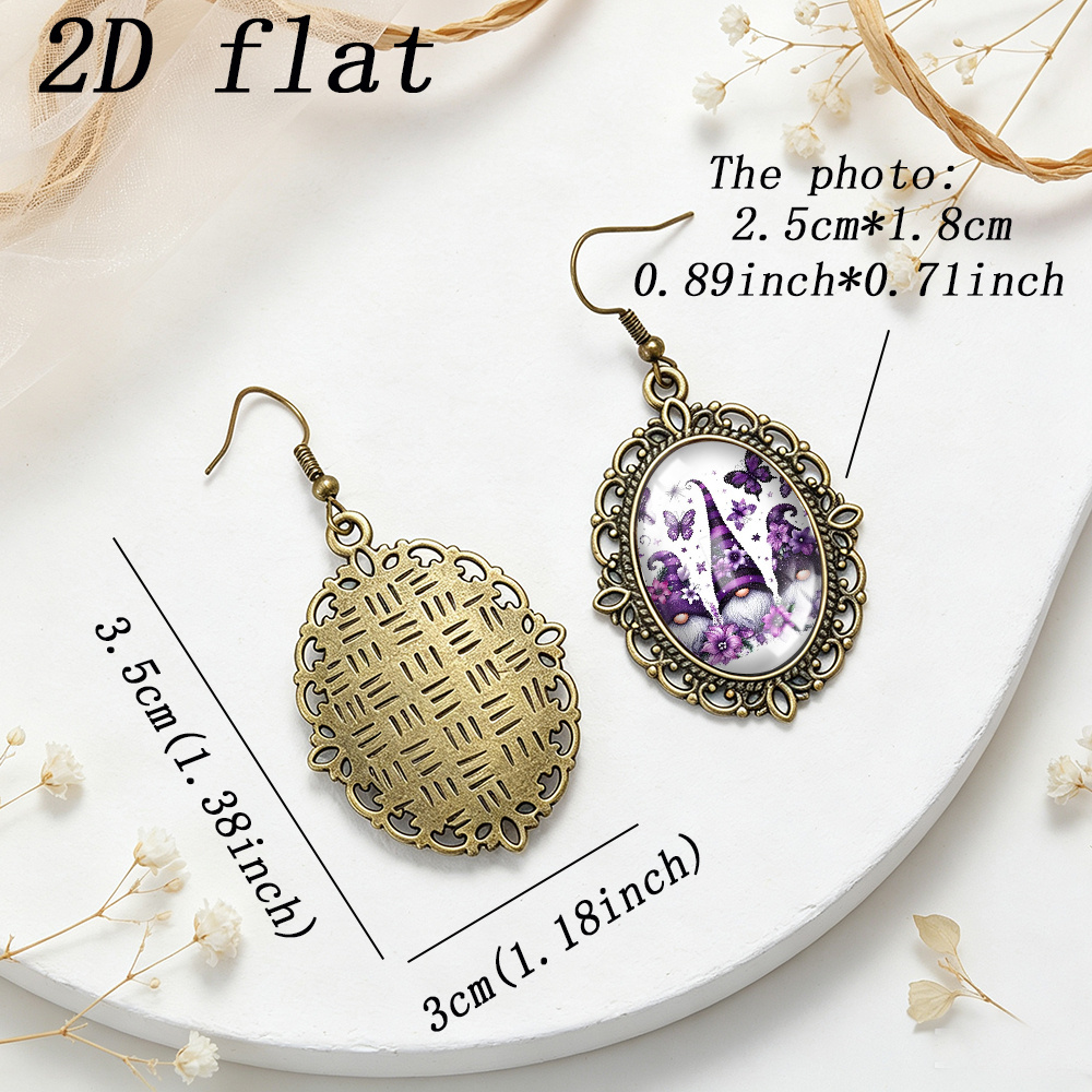Purple Flower Butterfly Gnomes Print Vintage Lace Frame Earrings