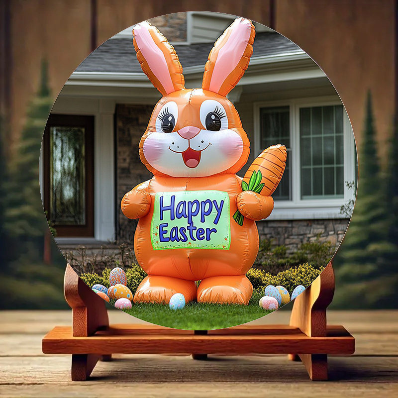 

Inflatable Easter Bunny With & "happy" Sign - Round Wall Art For Indoor/outdoor Decor, Classic Theme, Easter Season Celebrations