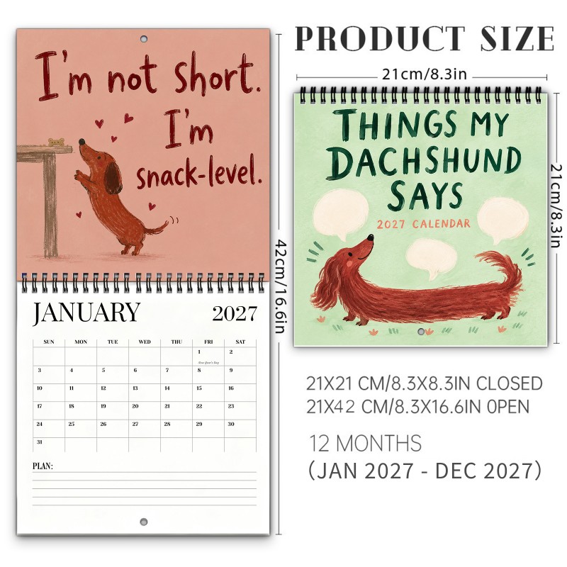 TEMU Dachshund Quotes 2027 Wall Calendar Funny Dog Quotes Sausage Dog Humor Pet Sayings Cute Illustration & Breed Gifts 12-month Spiral Calendar