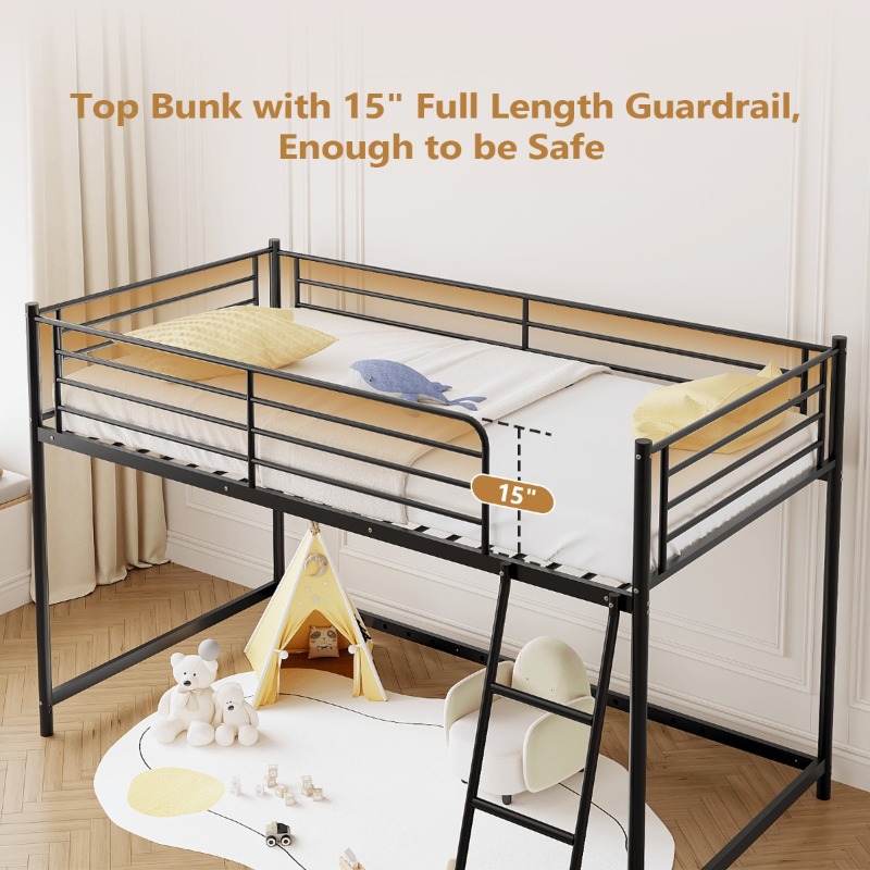 Loft Bed for Kids | Heavy-duty Iron Frame, 350LBS Weight Capacity, Space Saving Design for Small Rooms & Low Ceilings, Movable Ladder, - JOYMOR