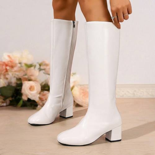 retro literary style british high heeled versatile square toe womens lazy zipper design knee high boots summer autumn and winter style for going out bookstore art exhibition intellectual long boots women shoes
